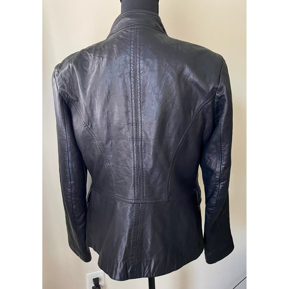 JONES NEW YORK WOMENS BLACK BUTTON DOWN GENUINE LEATHER JACKET SIZE SMALL - Picture 2 of 3